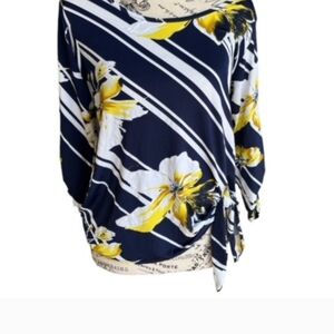 Espresso Navy Floral Tie-Hem Blouse with Yellow & White Blooms